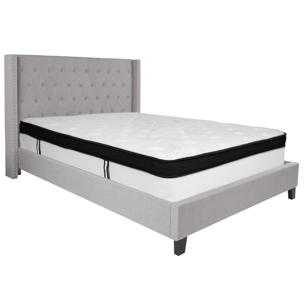 Queen Size Tufted Upholstered Platform Bed with Accent Nail Trimmed Extended Sides in Light Gray Fabric with Mattress. Picture 1