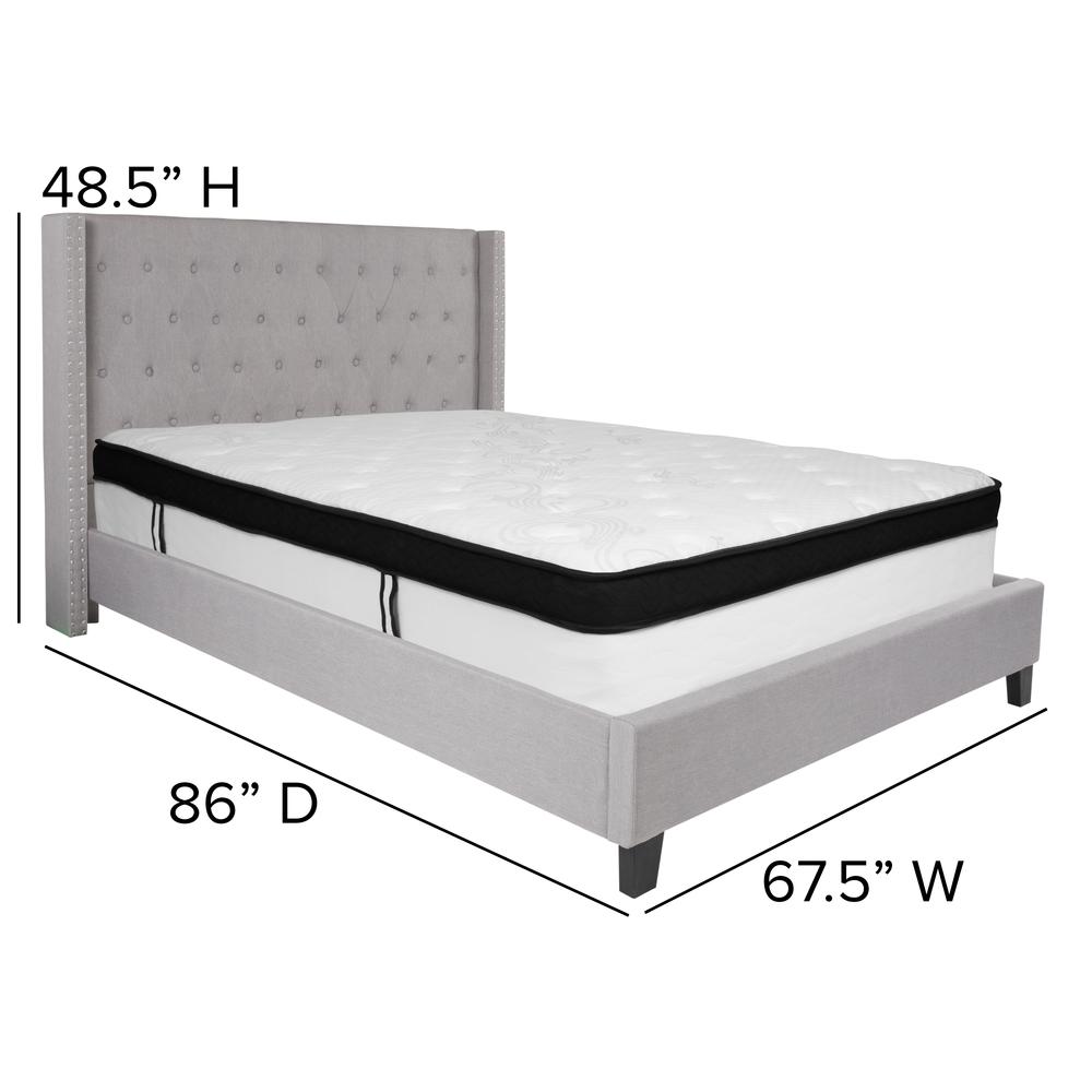 Queen Size Tufted Upholstered Platform Bed with Accent Nail Trimmed Extended Sides in Light Gray Fabric with Mattress. Picture 2