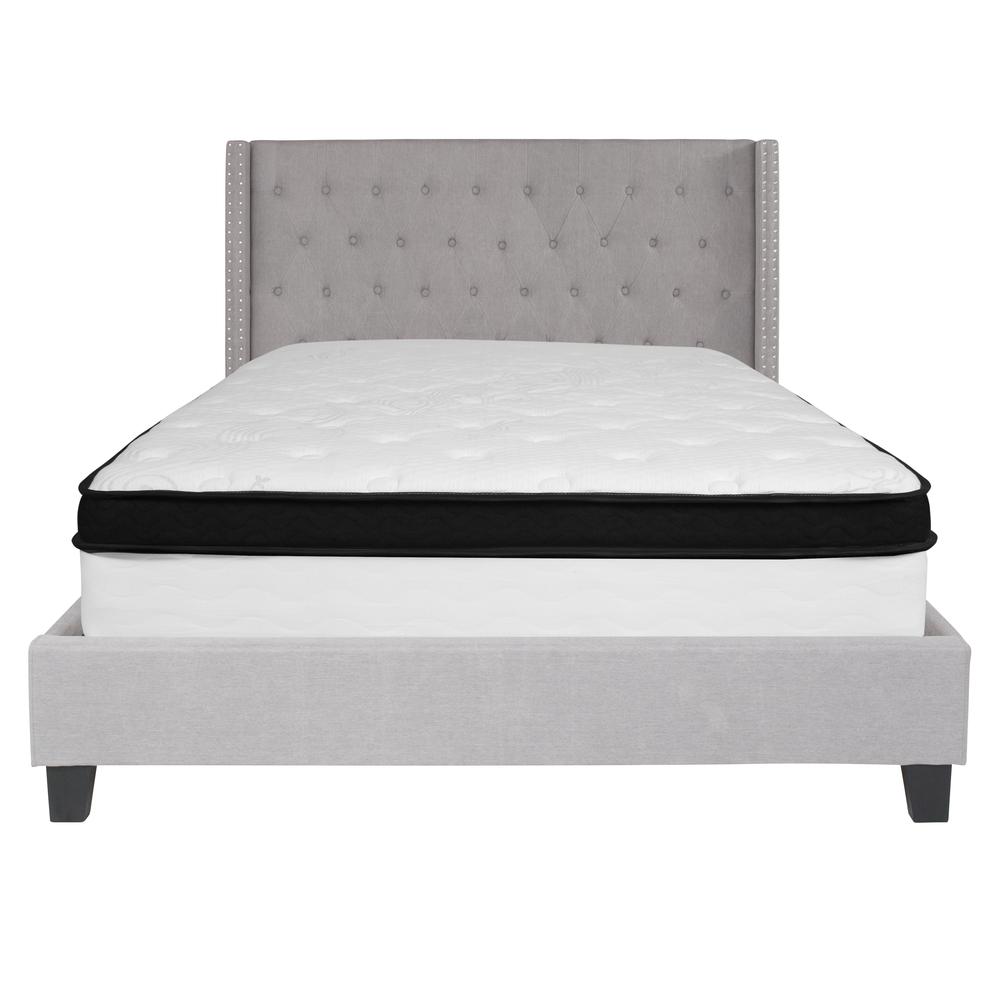 Queen Size Tufted Upholstered Platform Bed with Accent Nail Trimmed Extended Sides in Light Gray Fabric with Mattress. Picture 3