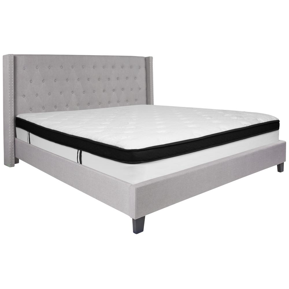 King Size Tufted Upholstered Platform Bed with Accent Nail Trimmed Extended Sides in Light Gray Fabric with Mattress. Picture 1