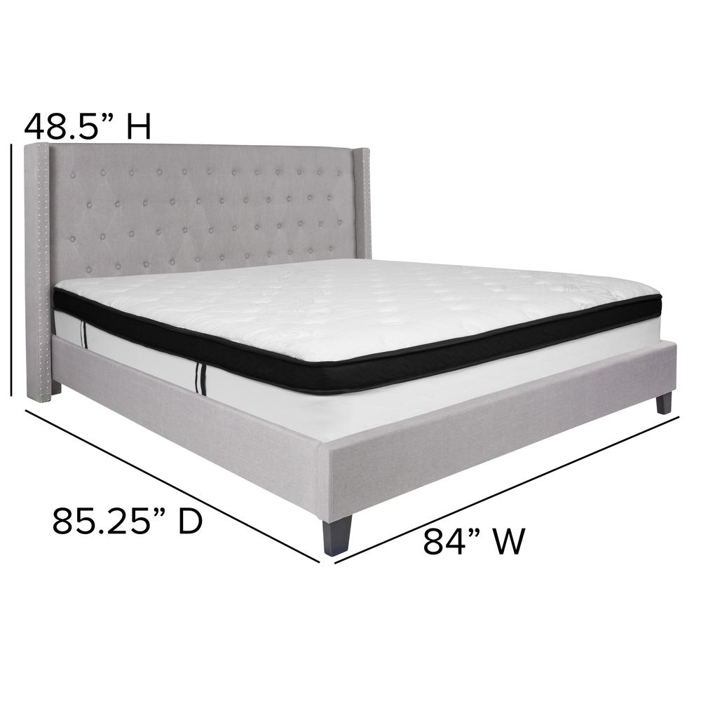 King Size Tufted Upholstered Platform Bed with Accent Nail Trimmed Extended Sides in Light Gray Fabric with Mattress. Picture 2