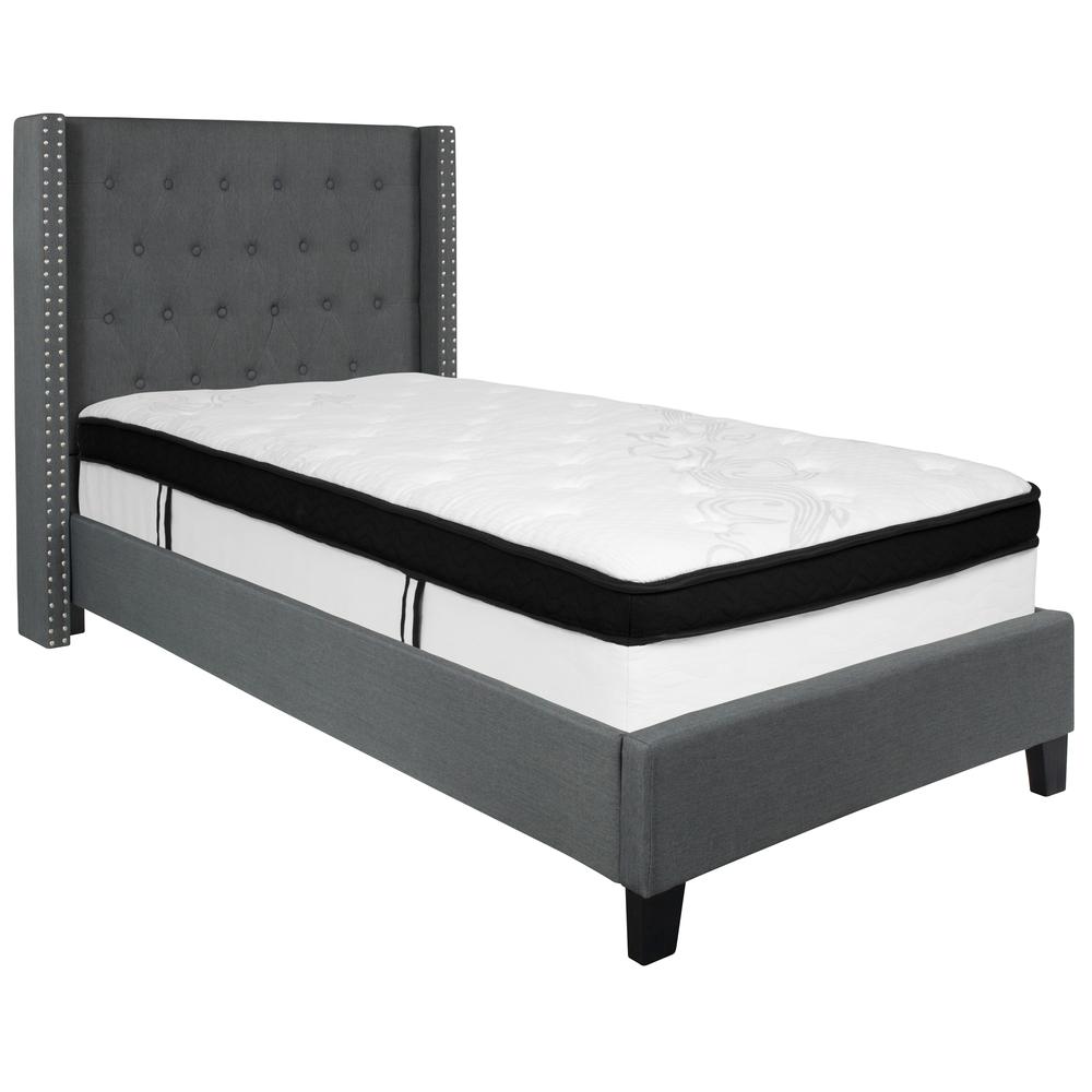 Twin Size Tufted Upholstered Platform Bed with Accent Nail Trimmed Extended Sides in Dark Gray Fabric with Mattress. Picture 1