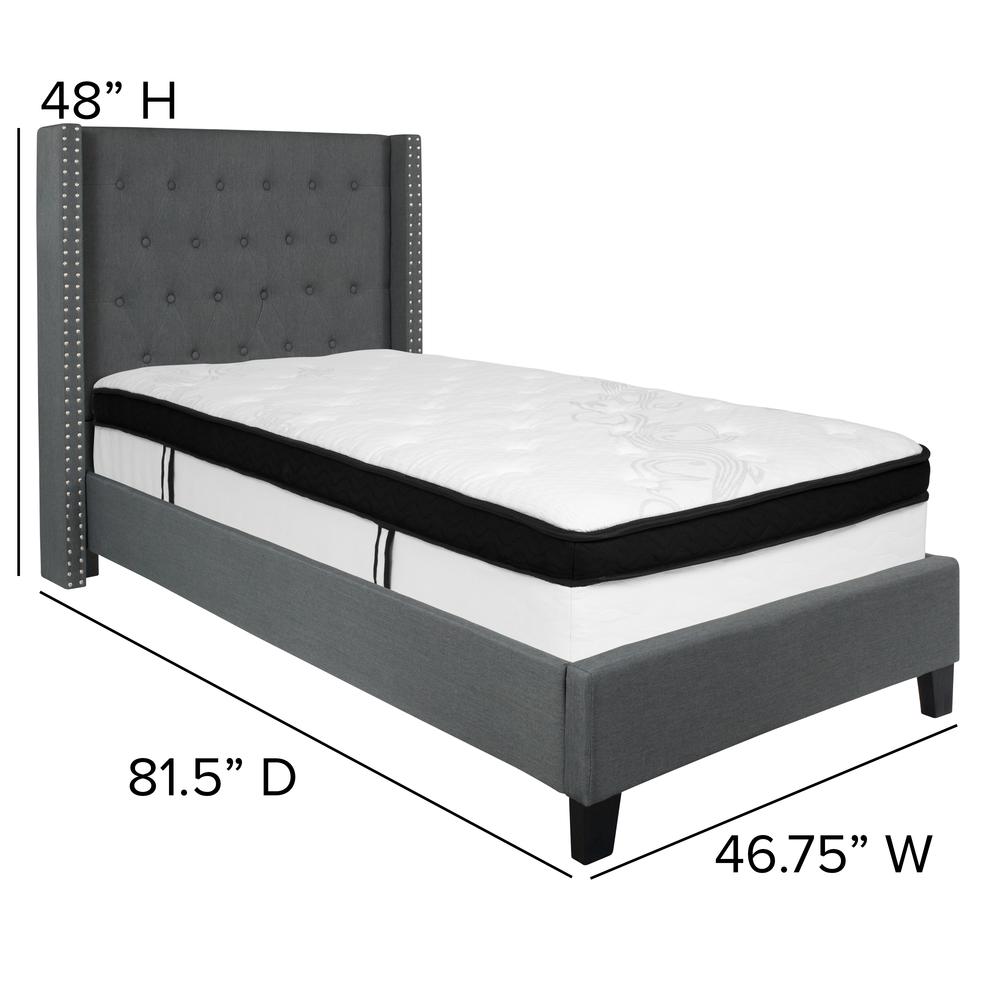 Twin Size Tufted Upholstered Platform Bed with Accent Nail Trimmed Extended Sides in Dark Gray Fabric with Mattress. Picture 2