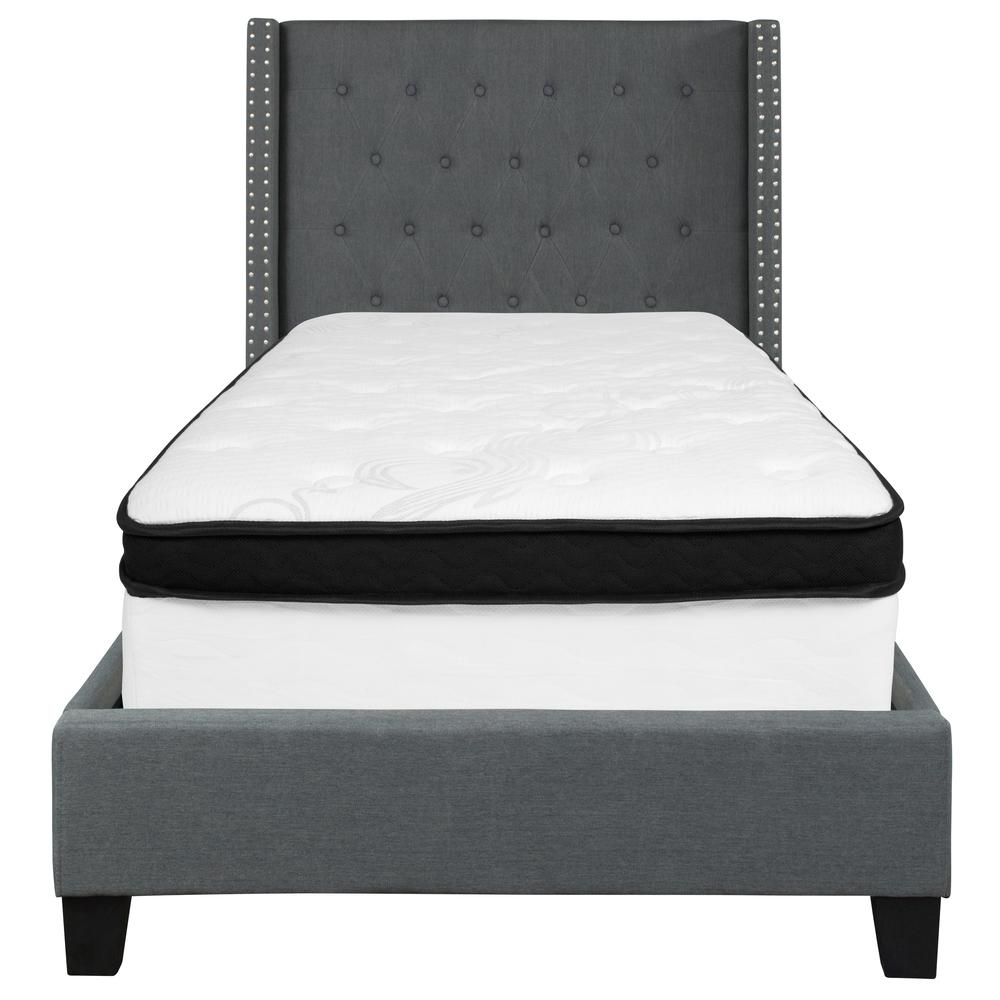Twin Size Tufted Upholstered Platform Bed with Accent Nail Trimmed Extended Sides in Dark Gray Fabric with Mattress. Picture 3
