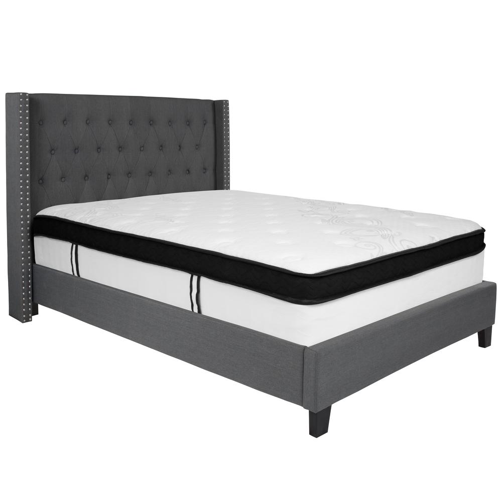 Full Size Tufted Upholstered Platform Bed with Accent Nail Trimmed Extended Sides in Dark Gray Fabric with Mattress. Picture 1