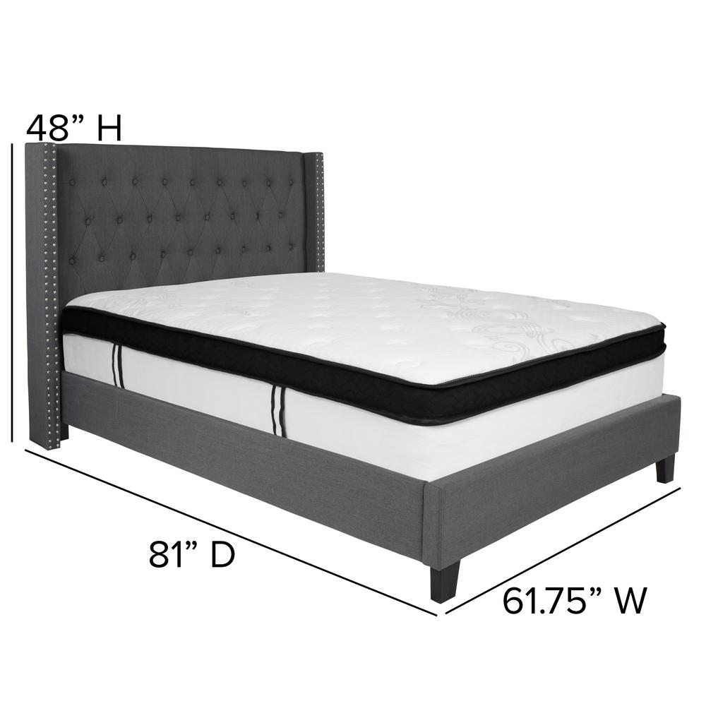 Full Size Tufted Upholstered Platform Bed with Accent Nail Trimmed Extended Sides in Dark Gray Fabric with Mattress. Picture 2