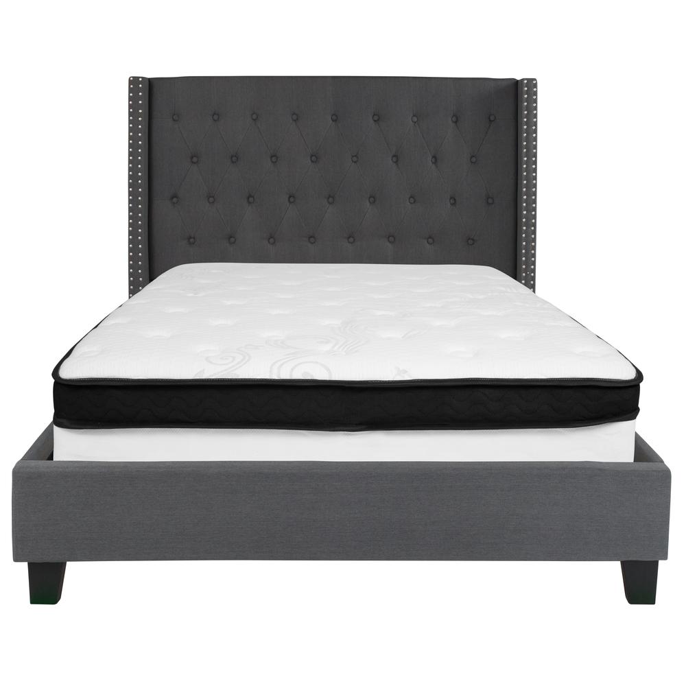 Full Size Tufted Upholstered Platform Bed with Accent Nail Trimmed Extended Sides in Dark Gray Fabric with Mattress. Picture 3