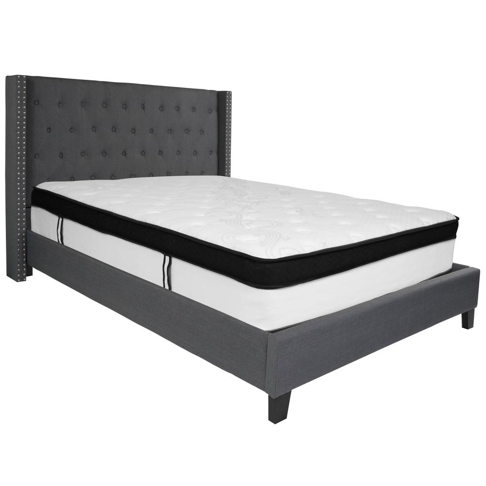 Queen Size Tufted Upholstered Platform Bed with Accent Nail Trimmed Extended Sides in Dark Gray Fabric with Mattress. Picture 1