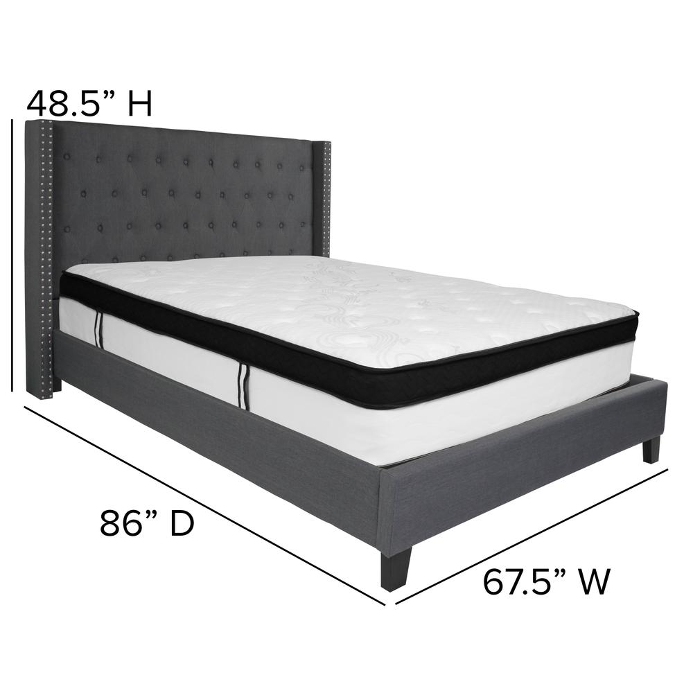 Queen Size Tufted Upholstered Platform Bed with Accent Nail Trimmed Extended Sides in Dark Gray Fabric with Mattress. Picture 2