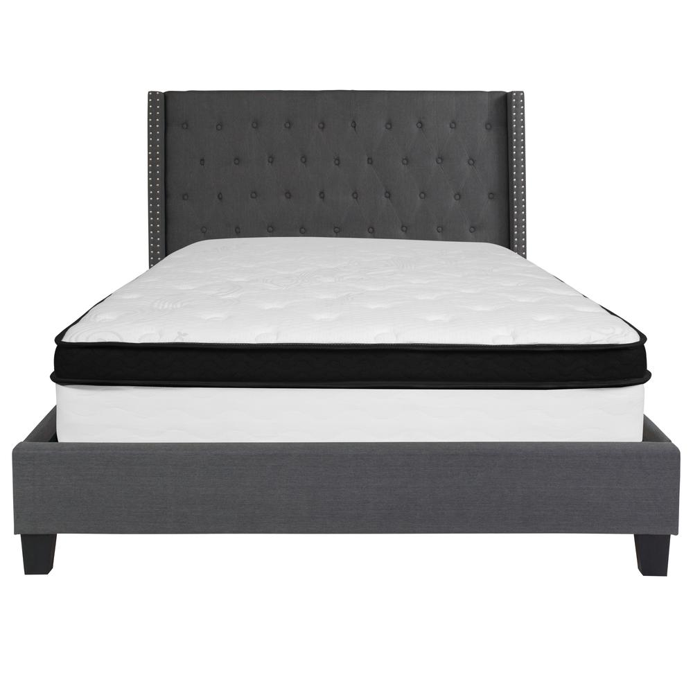 Queen Size Tufted Upholstered Platform Bed with Accent Nail Trimmed Extended Sides in Dark Gray Fabric with Mattress. Picture 3