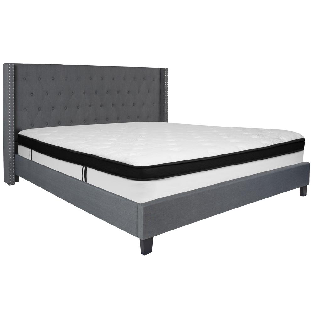King Size Tufted Upholstered Platform Bed with Accent Nail Trimmed Extended Sides in Dark Gray Fabric with Mattress. Picture 1