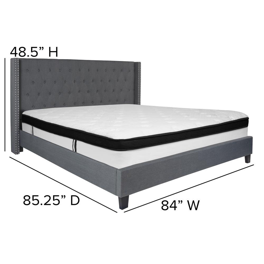 King Size Tufted Upholstered Platform Bed with Accent Nail Trimmed Extended Sides in Dark Gray Fabric with Mattress. Picture 2