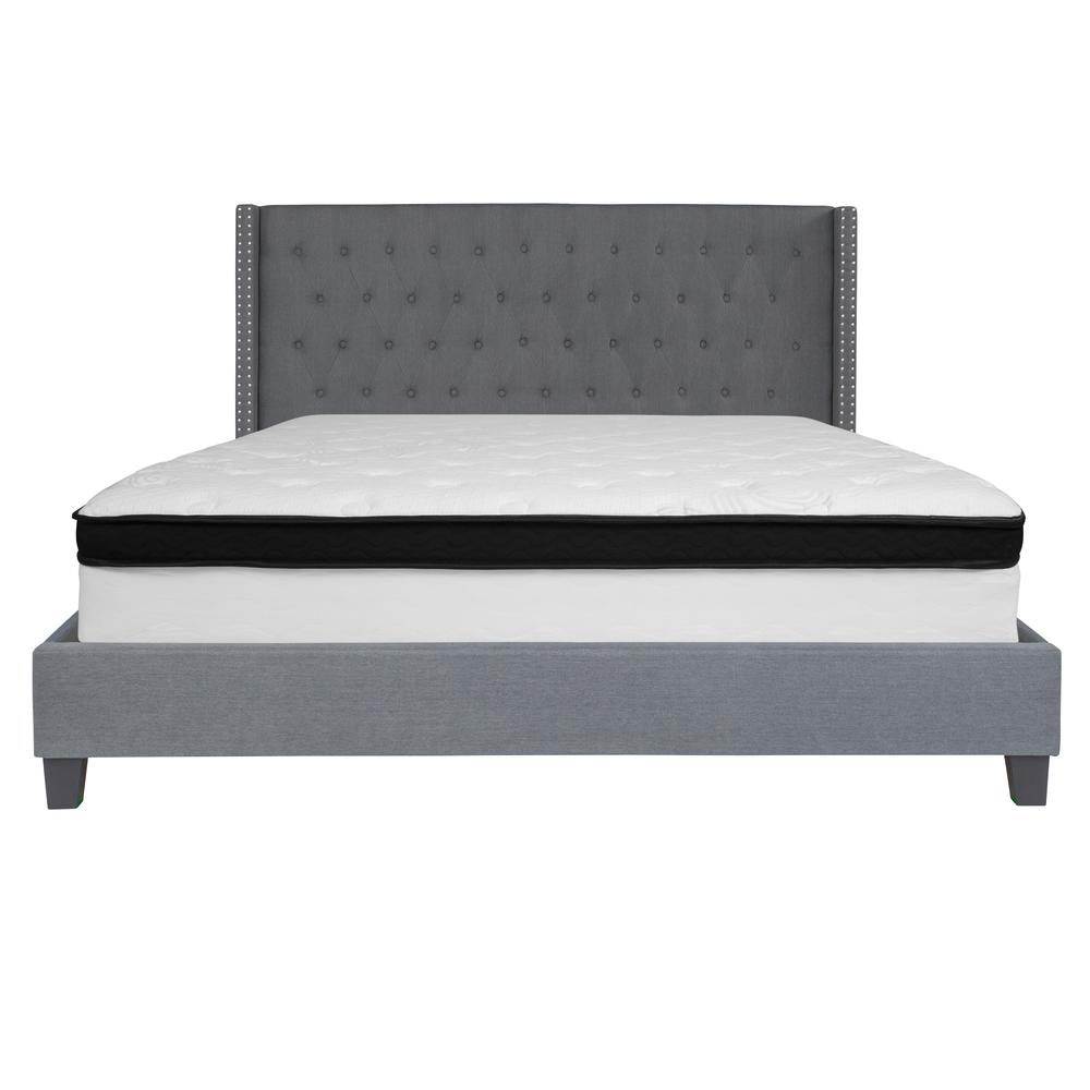 King Size Platform Bed in Dark Gray Fabric with Memory Foam Mattress. Picture 3