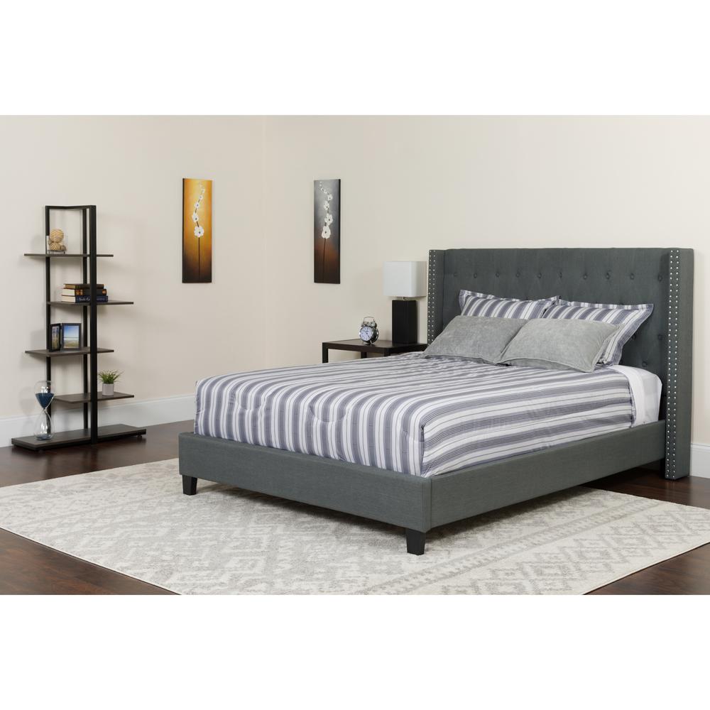 King Size Tufted Upholstered Platform Bed with Accent Nail Trimmed Extended Sides in Dark Gray Fabric with Mattress. Picture 4