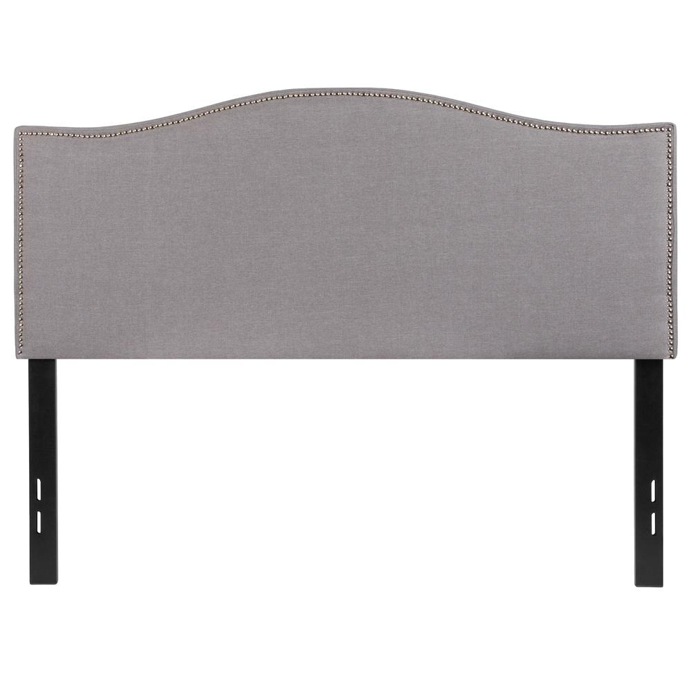 Upholstered Full Size Arched Headboard with Accent Nail Trim in Light Gray Fabric. Picture 1