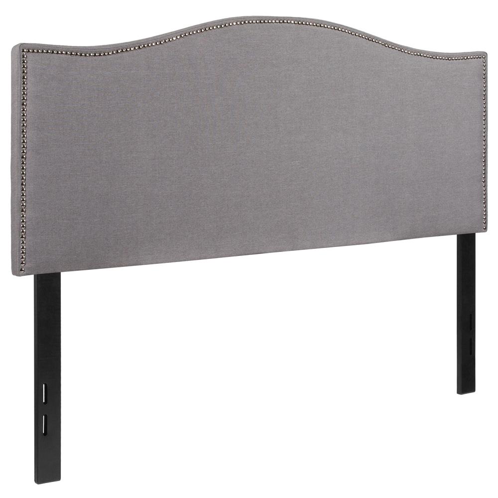 Upholstered Full Size Arched Headboard with Accent Nail Trim in Light Gray Fabric. Picture 3