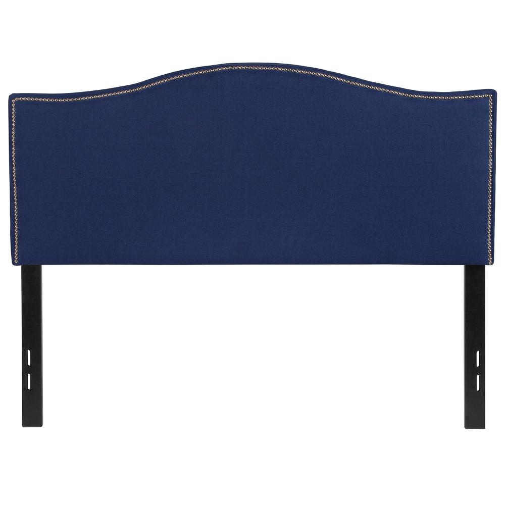 Upholstered Full Size Arched Headboard with Accent Nail Trim in Navy Fabric. Picture 1