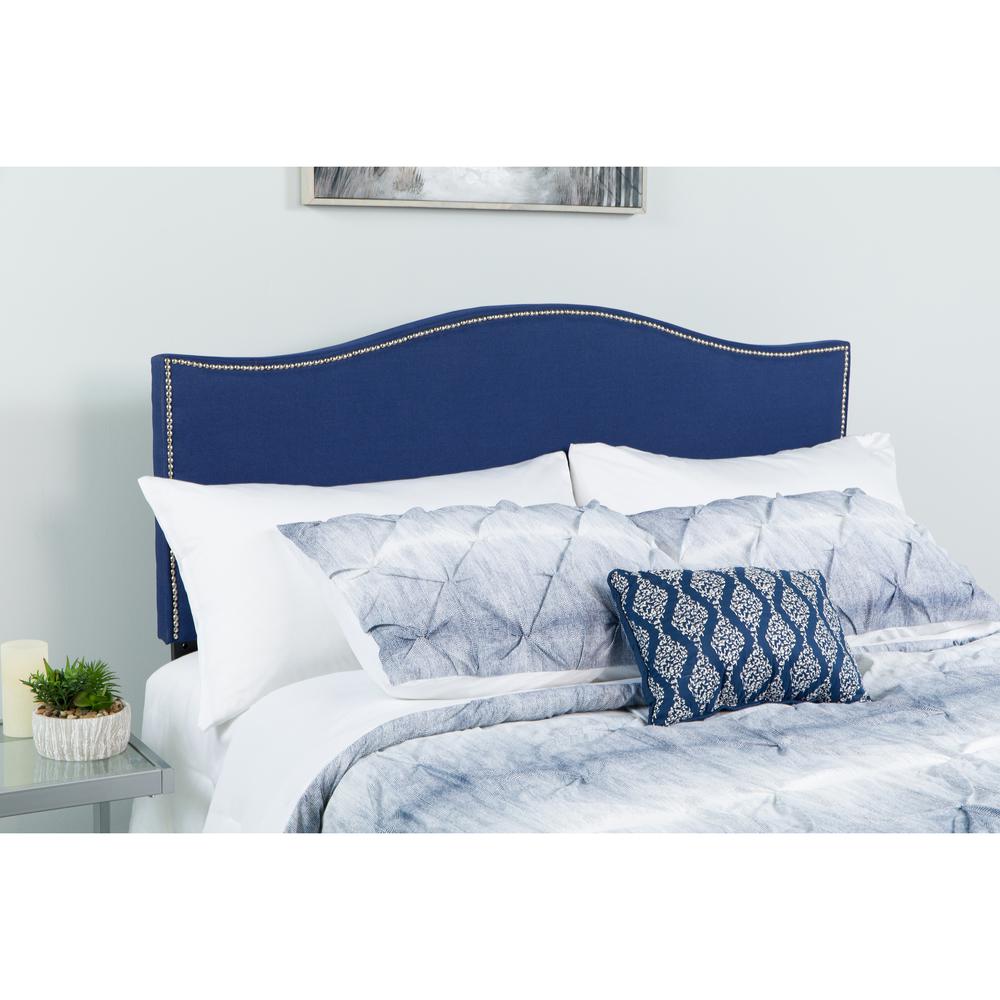 Upholstered Full Size Arched Headboard with Accent Nail Trim in Navy Fabric. Picture 4