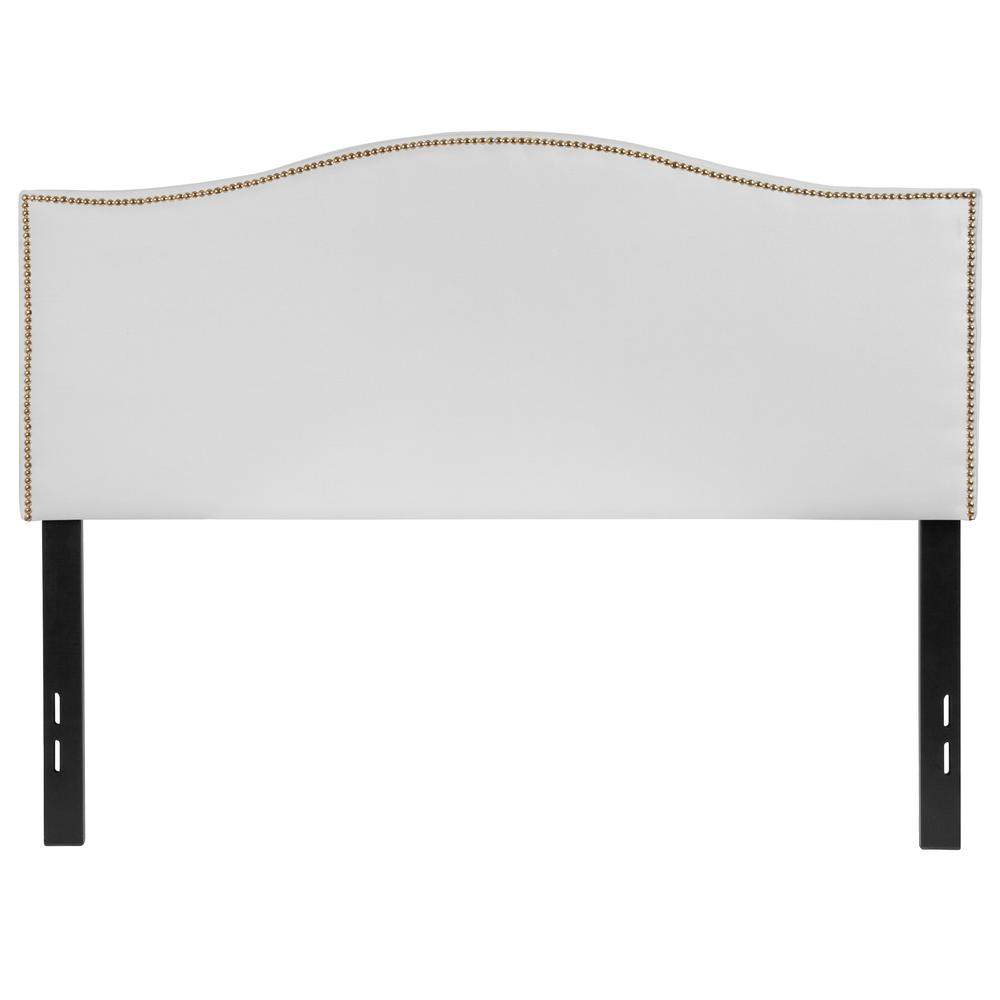 Upholstered Full Size Arched Headboard with Accent Nail Trim in White Fabric. Picture 1