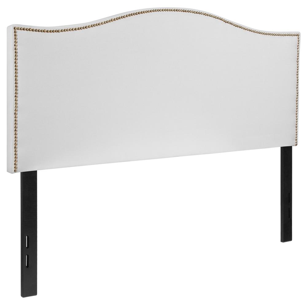 Upholstered Full Size Arched Headboard with Accent Nail Trim in White Fabric. Picture 3
