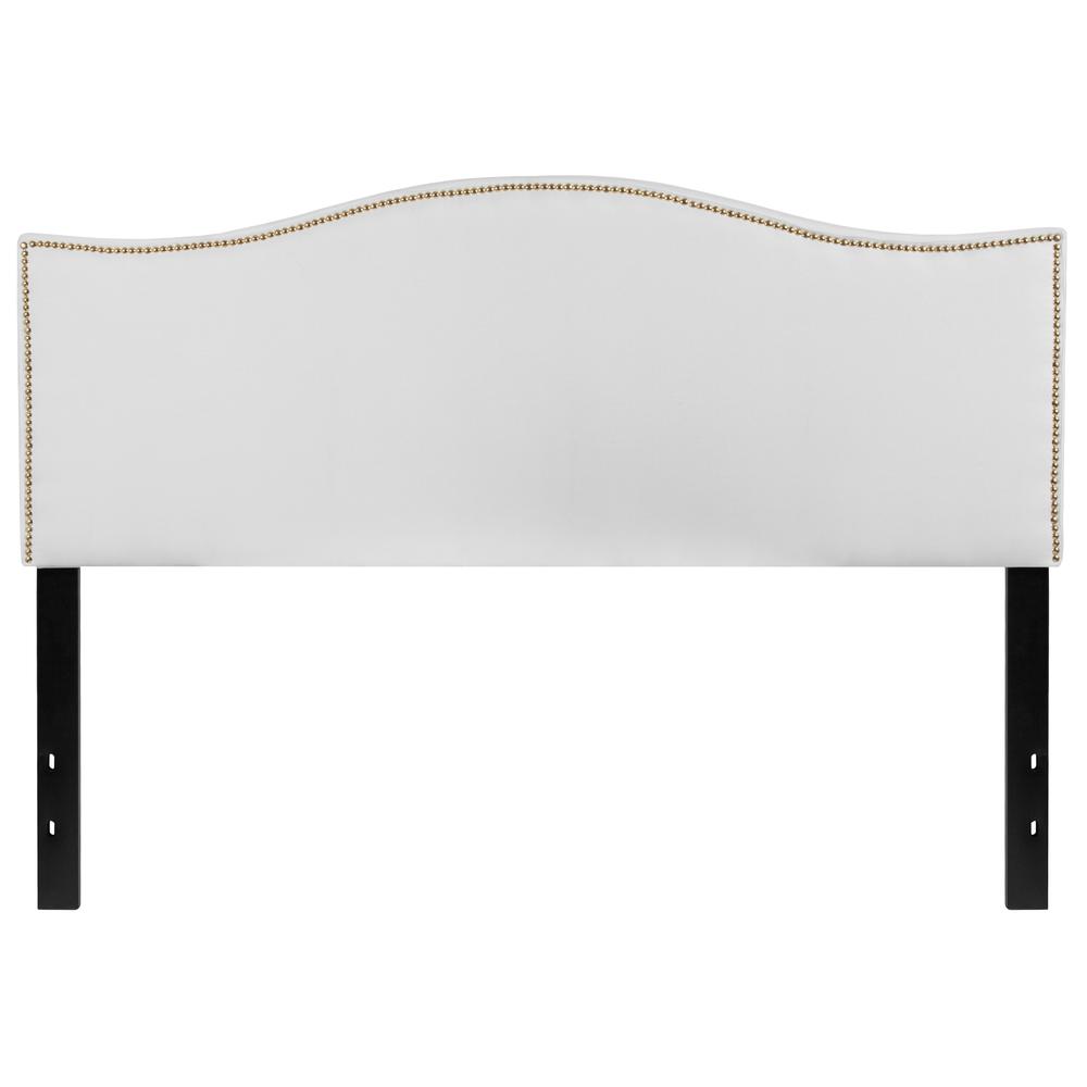 Upholstered Queen Size Arched Headboard with Accent Nail Trim in White Fabric. Picture 1