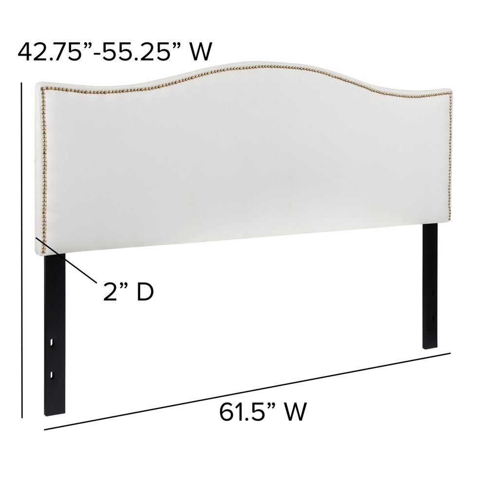 Upholstered Queen Size Arched Headboard with Accent Nail Trim in White Fabric. Picture 2