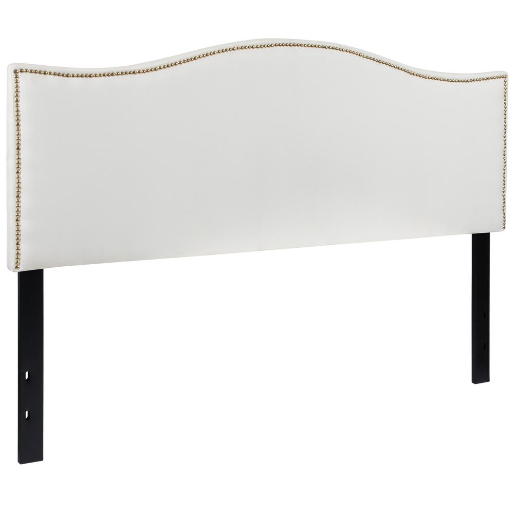 Upholstered Queen Size Arched Headboard with Accent Nail Trim in White Fabric. Picture 3
