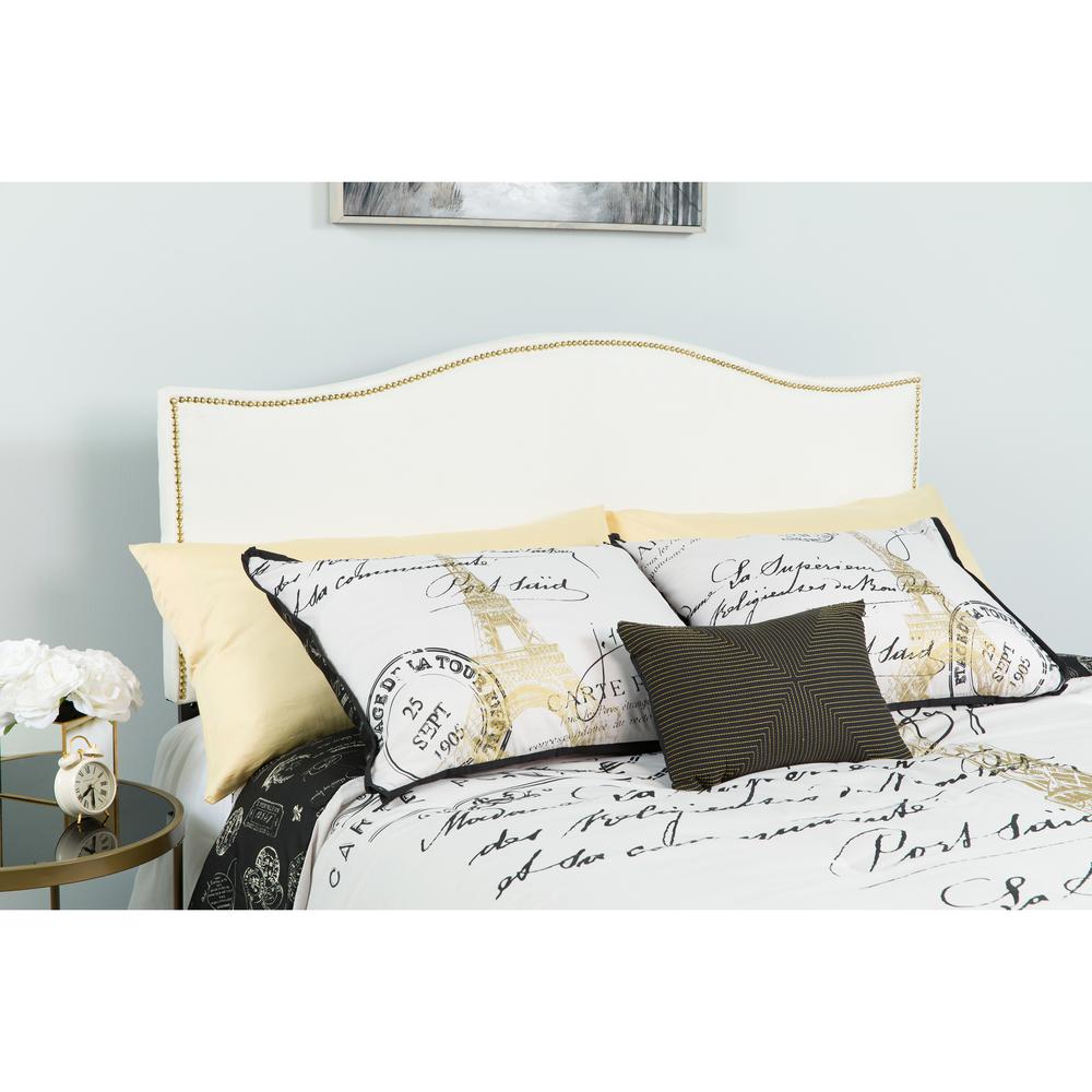 Upholstered Queen Size Arched Headboard with Accent Nail Trim in White Fabric. Picture 4