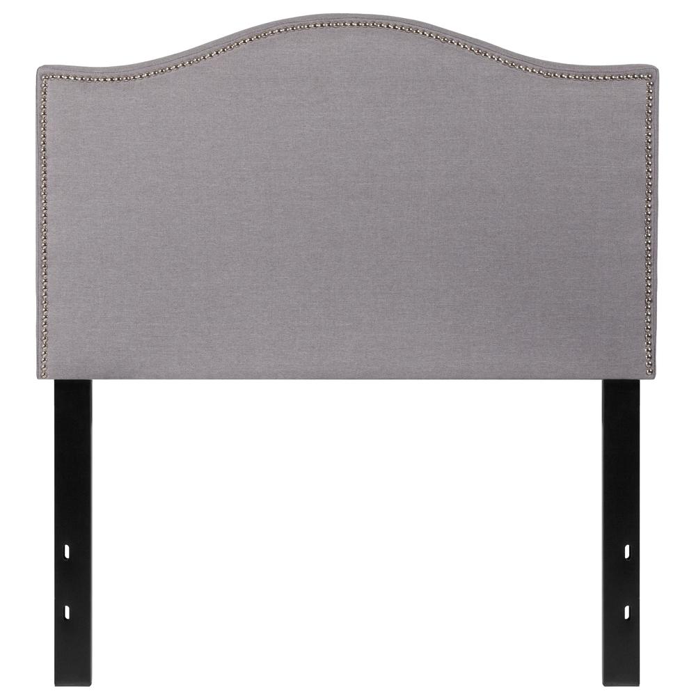 Upholstered Twin Size Arched Headboard with Accent Nail Trim in Light Gray Fabric. Picture 1