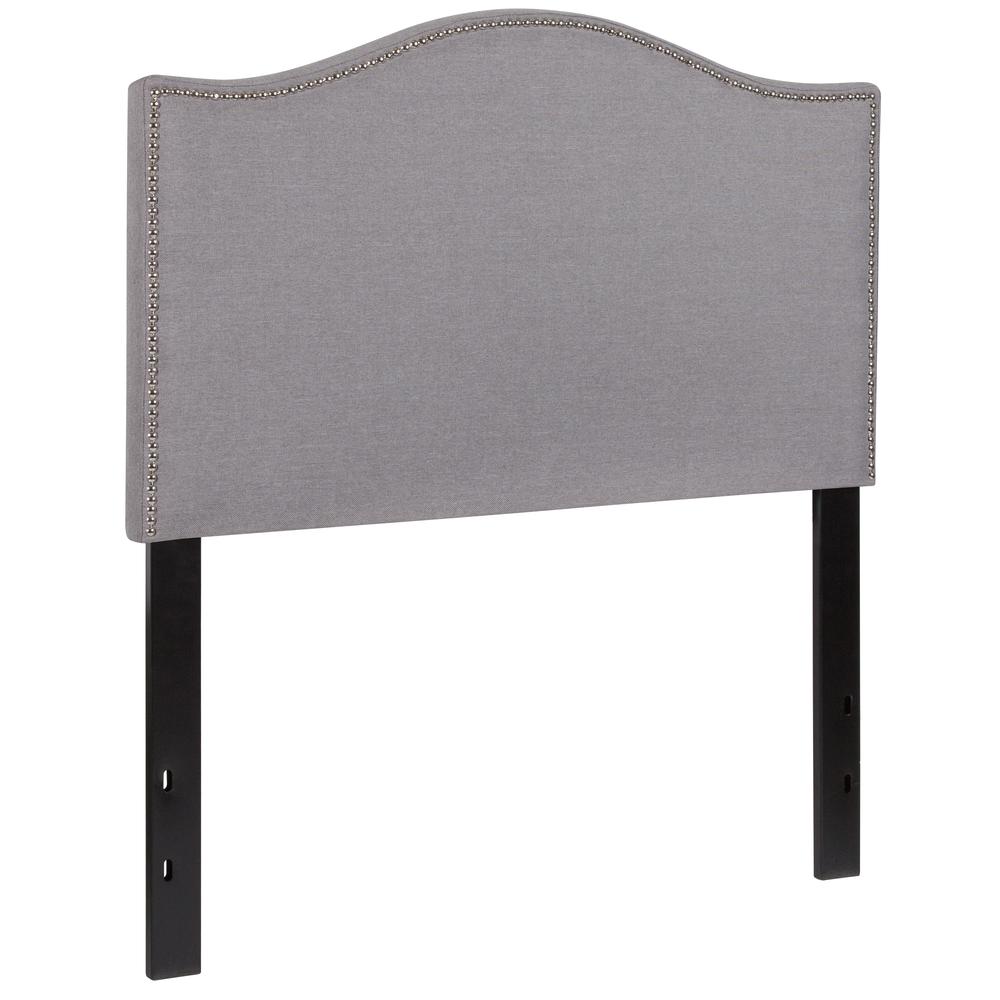 Upholstered Twin Size Arched Headboard with Accent Nail Trim in Light Gray Fabric. Picture 3