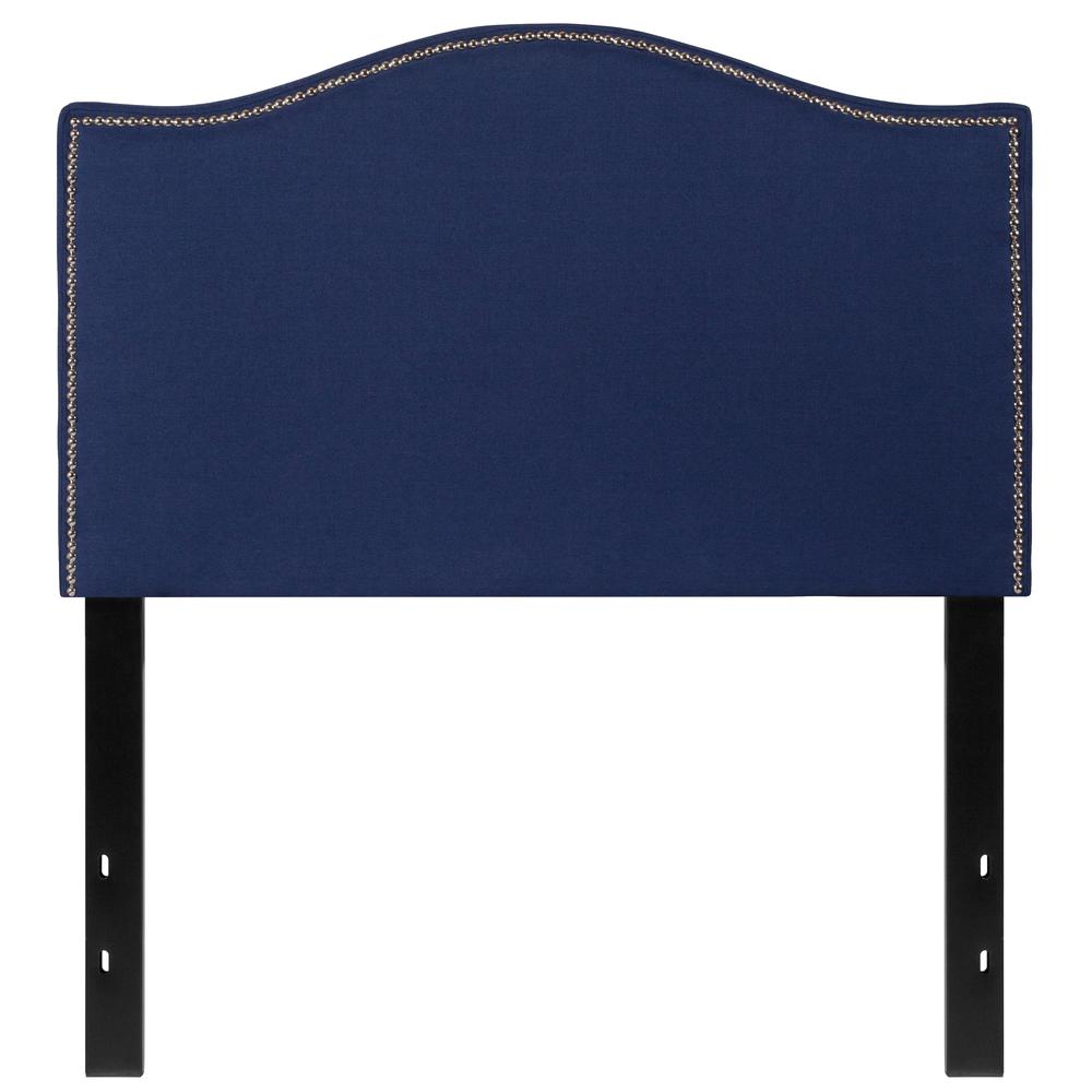Upholstered Twin Size Arched Headboard with Accent Nail Trim in Navy Fabric. Picture 1