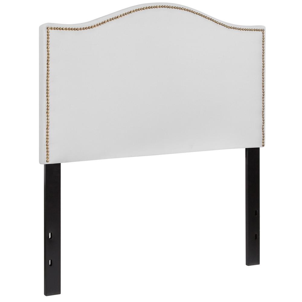 Upholstered Twin Size Arched Headboard with Accent Nail Trim in White Fabric. Picture 3