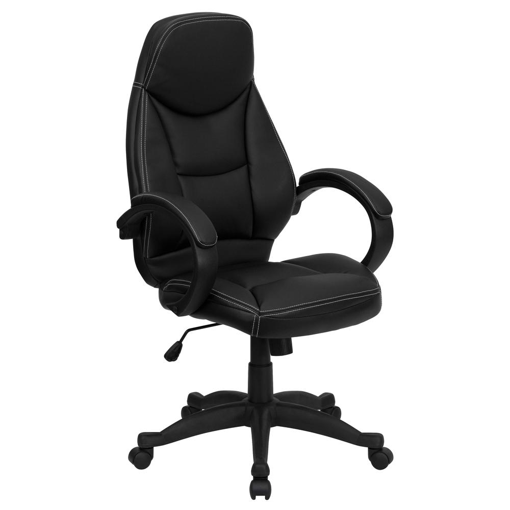 High Back Black LeatherSoft Contemporary Executive Swivel Ergonomic Office Chair with Curved Back and Loop Arms. Picture 1