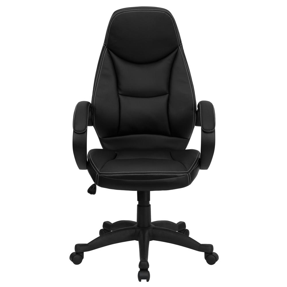 High Back Black LeatherSoft Contemporary Executive Swivel Ergonomic Office Chair with Curved Back and Loop Arms. Picture 4