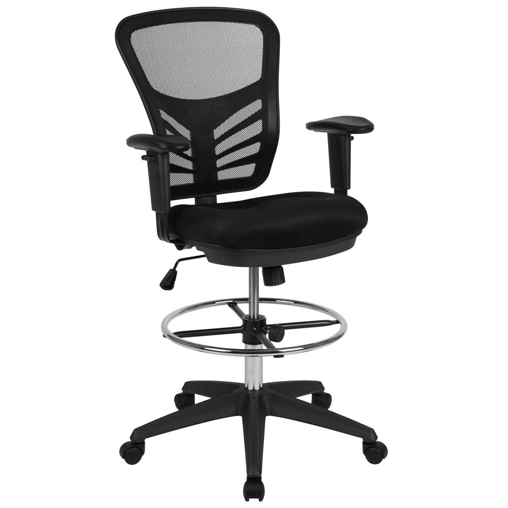 Mid-Back Black Mesh Ergonomic Drafting Chair with Adjustable Chrome Foot Ring, Adjustable Arms and Black Frame. The main picture.