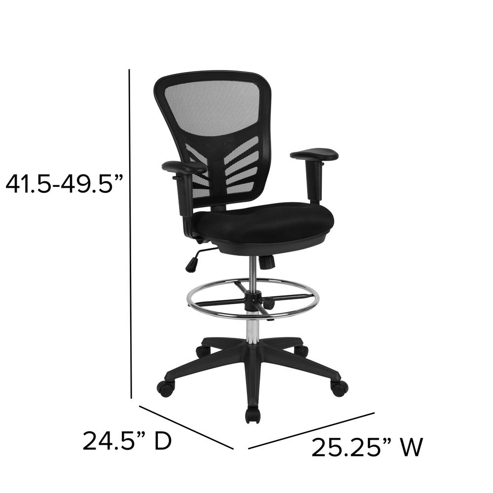 Mid-Back Black Mesh Ergonomic Drafting Chair with Adjustable Chrome Foot Ring, Adjustable Arms and Black Frame. Picture 2