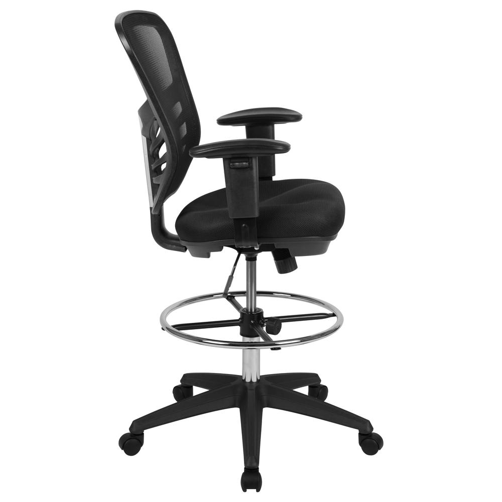 Mid-Back Black Mesh Ergonomic Drafting Chair with Adjustable Chrome Foot Ring, Adjustable Arms and Black Frame. Picture 3