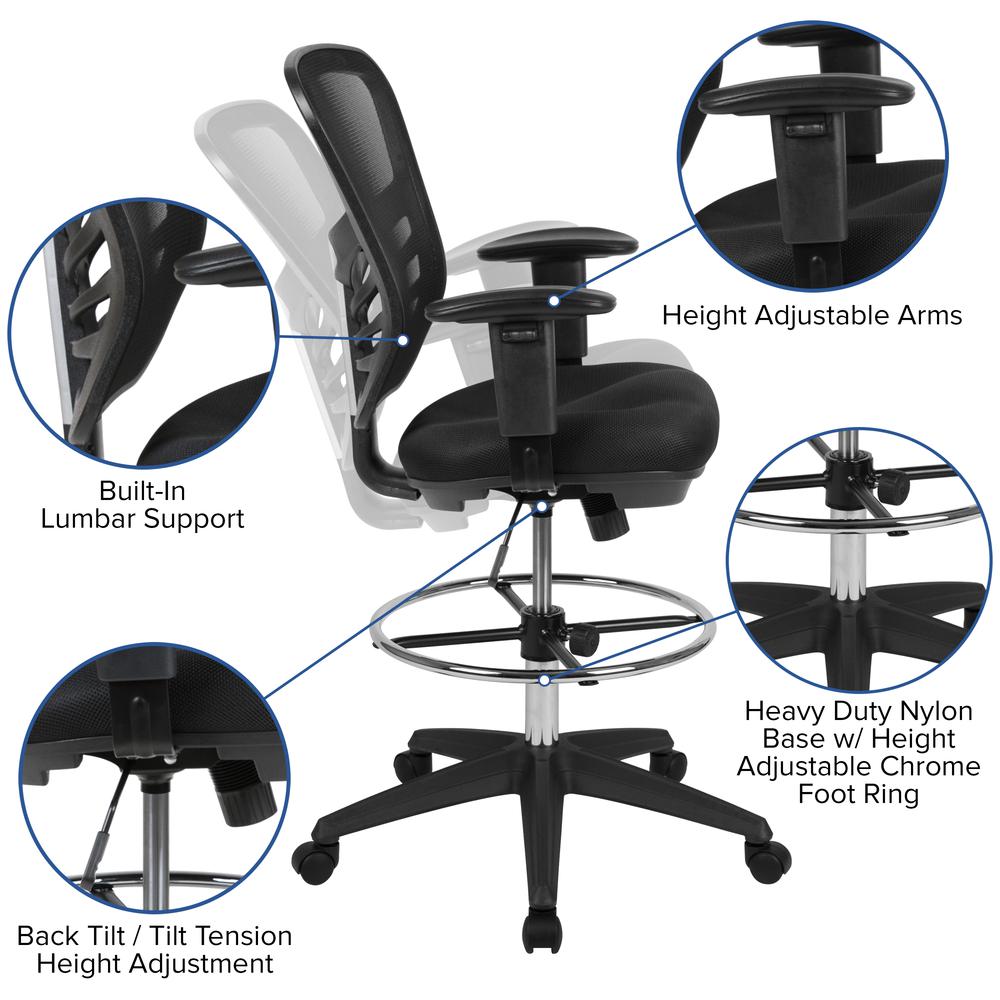 Mid-Back Black Mesh Ergonomic Drafting Chair with Adjustable Chrome Foot Ring, Adjustable Arms and Black Frame. Picture 6