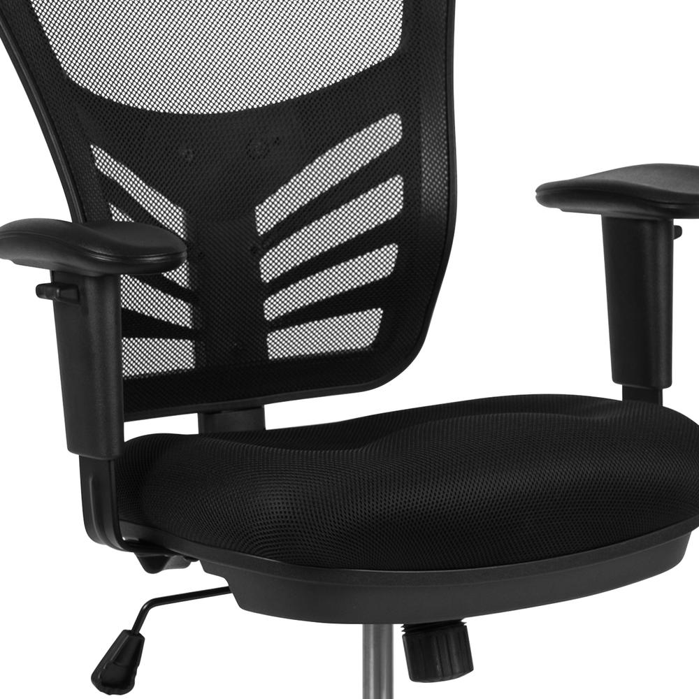 Mid-Back Black Mesh Ergonomic Drafting Chair with Adjustable Chrome Foot Ring, Adjustable Arms and Black Frame. Picture 7