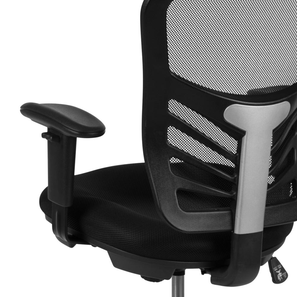 Mid-Back Black Mesh Ergonomic Drafting Chair with Adjustable Chrome Foot Ring, Adjustable Arms and Black Frame. Picture 8