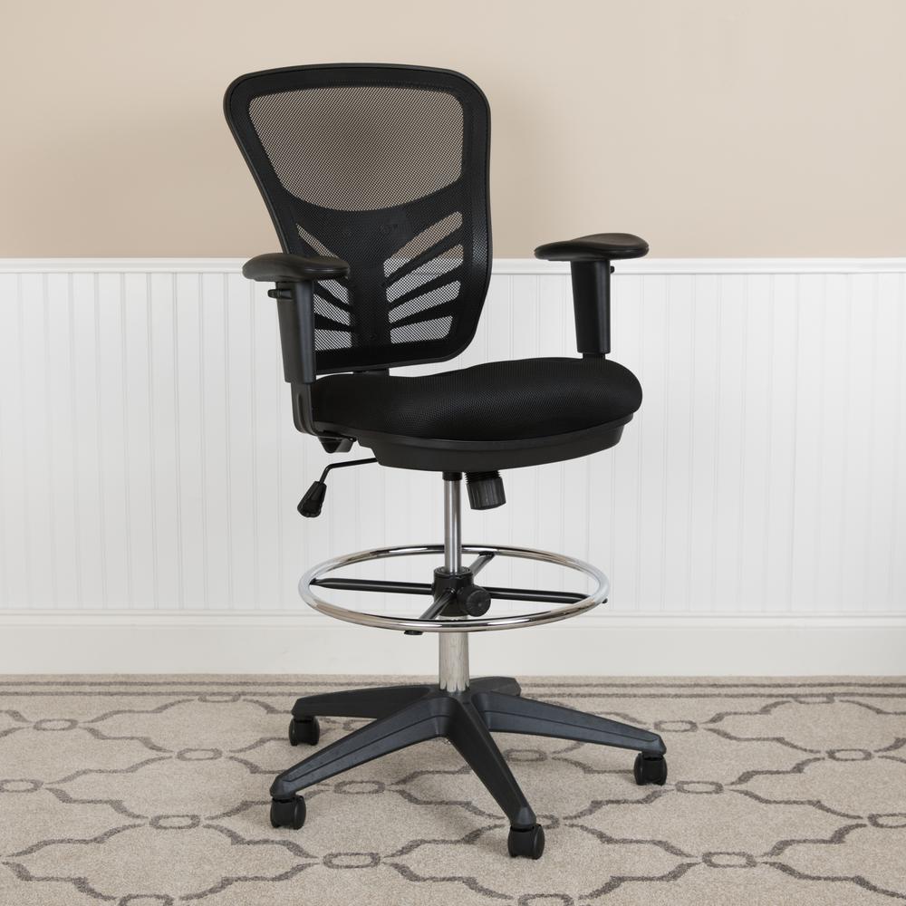 Mid-Back Black Mesh Ergonomic Drafting Chair with Adjustable Chrome Foot Ring, Adjustable Arms and Black Frame. Picture 11