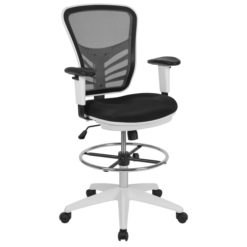 Mid-Back Black Mesh Ergonomic Drafting Chair with Adjustable Chrome Foot Ring, Adjustable Arms and White Frame. Picture 1