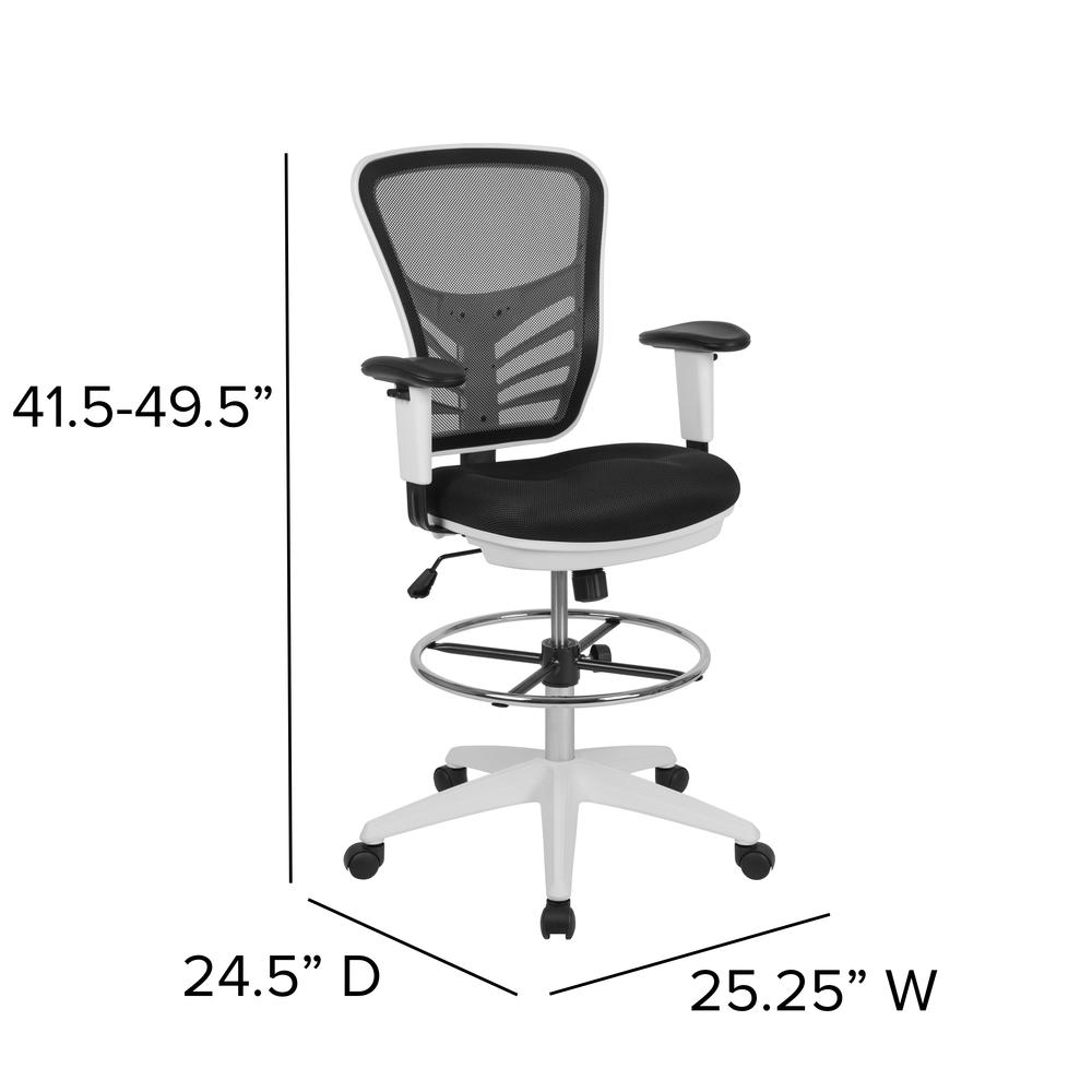 Mid-Back Black Mesh Ergonomic Drafting Chair with Adjustable Chrome Foot Ring, Adjustable Arms and White Frame. Picture 2