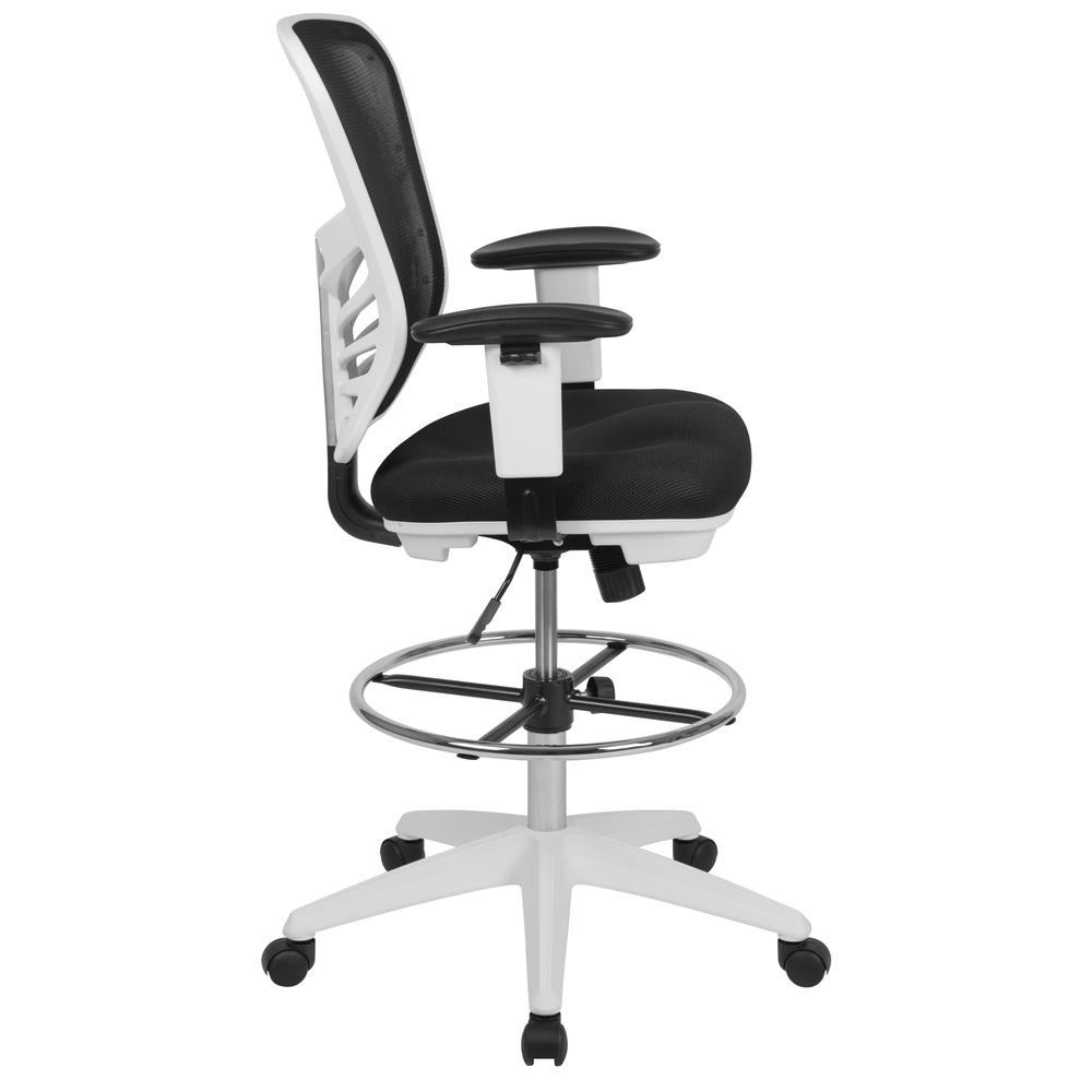 Mid-Back Black Mesh Ergonomic Drafting Chair with Adjustable Chrome Foot Ring, Adjustable Arms and White Frame. Picture 3