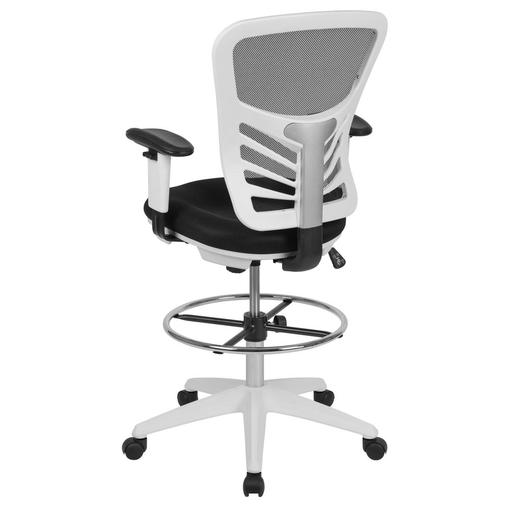 Mid-Back Black Mesh Ergonomic Drafting Chair with Adjustable Chrome Foot Ring, Adjustable Arms and White Frame. Picture 4