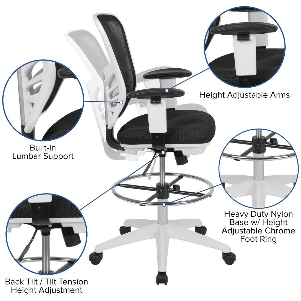 Mid-Back Black Mesh Ergonomic Drafting Chair with Adjustable Chrome Foot Ring, Adjustable Arms and White Frame. Picture 6