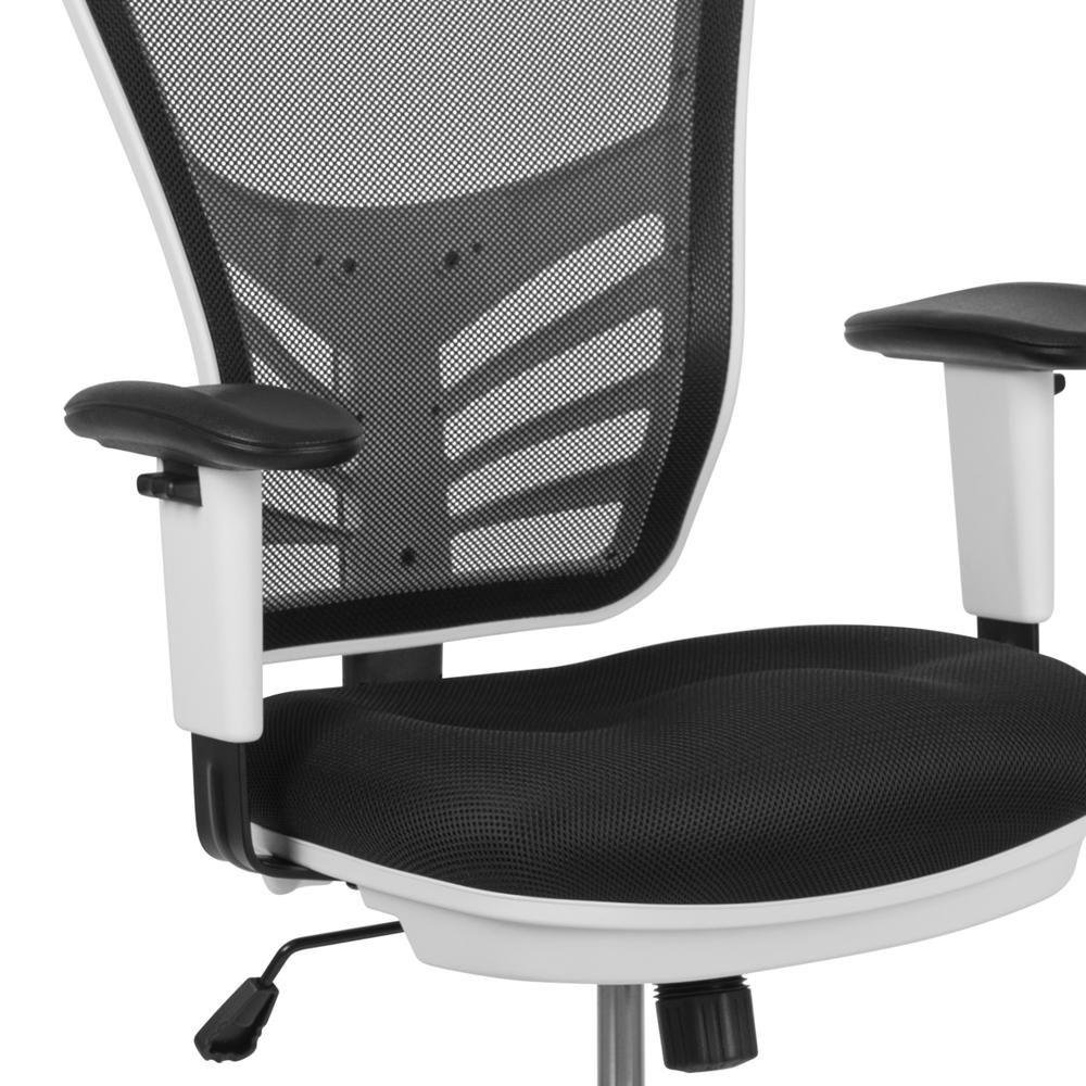 Mid-Back Black Mesh Ergonomic Drafting Chair with Adjustable Chrome Foot Ring, Adjustable Arms and White Frame. Picture 7