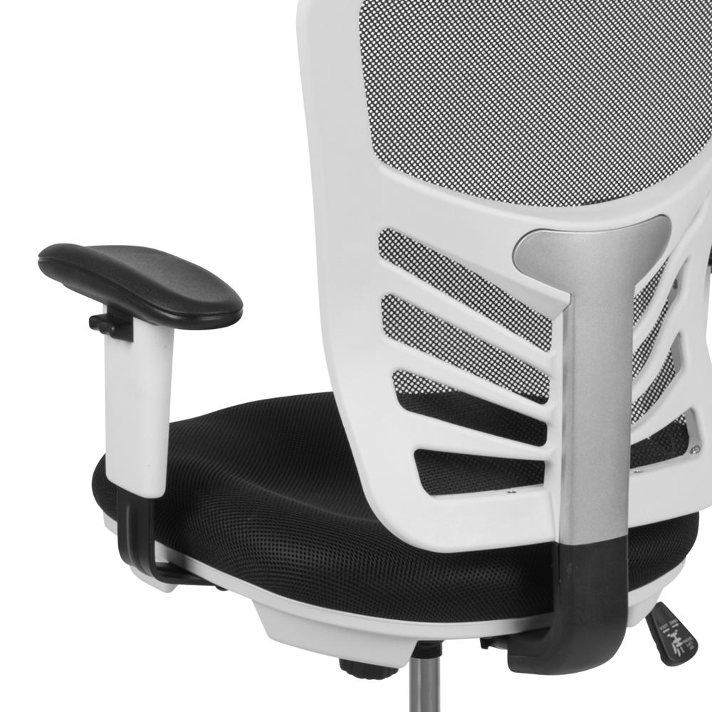 Mid-Back Black Mesh Ergonomic Drafting Chair with Adjustable Chrome Foot Ring, Adjustable Arms and White Frame. Picture 8
