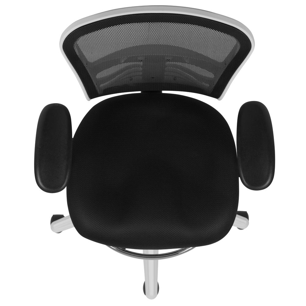 Mid-Back Black Mesh Ergonomic Drafting Chair with Adjustable Chrome Foot Ring, Adjustable Arms and White Frame. Picture 9