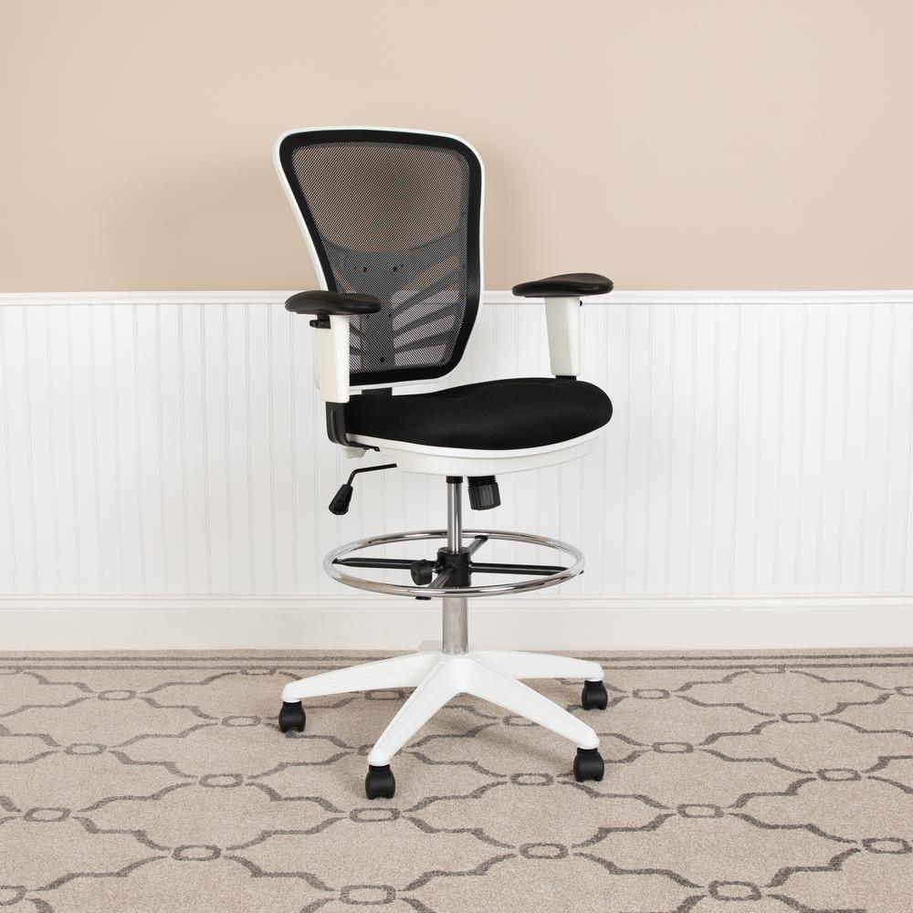 Mid-Back Black Mesh Ergonomic Drafting Chair with Adjustable Chrome Foot Ring, Adjustable Arms and White Frame. Picture 11